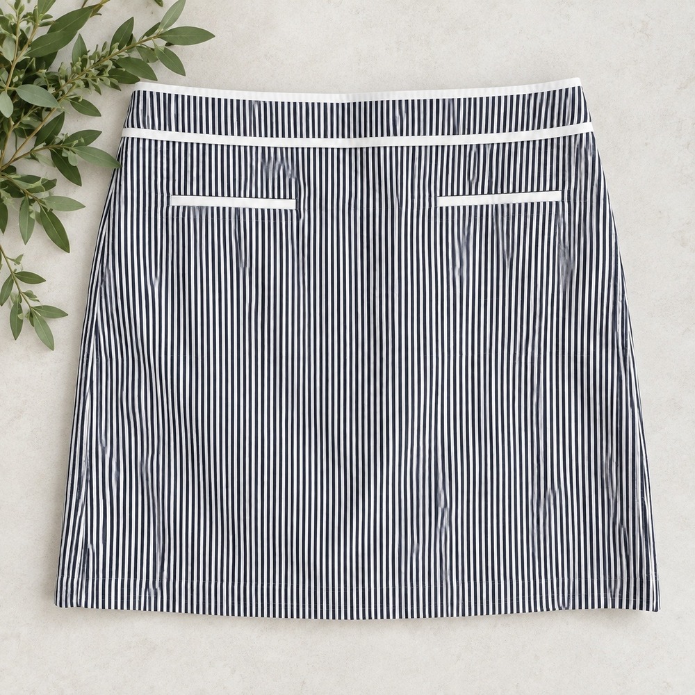 Talbots Seersucker Mini Skirt Navy Blue White Striped Preppy Cotton Lined Sz 14